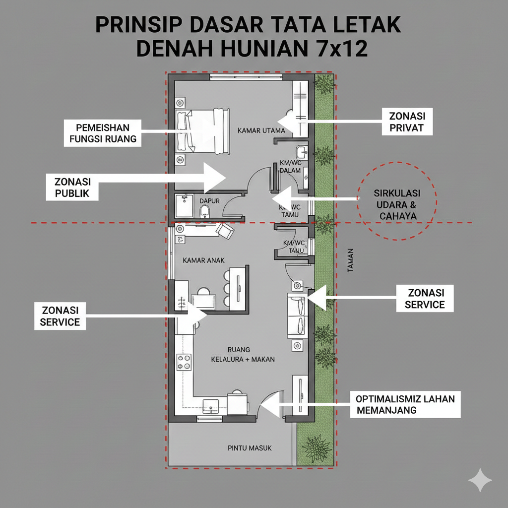 Denah Hunian 7x12 Memanjang